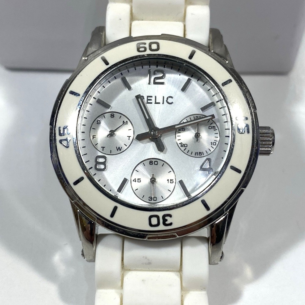 Relic Womens Watch White Silver Tone Day Date Silicone Band New Battery